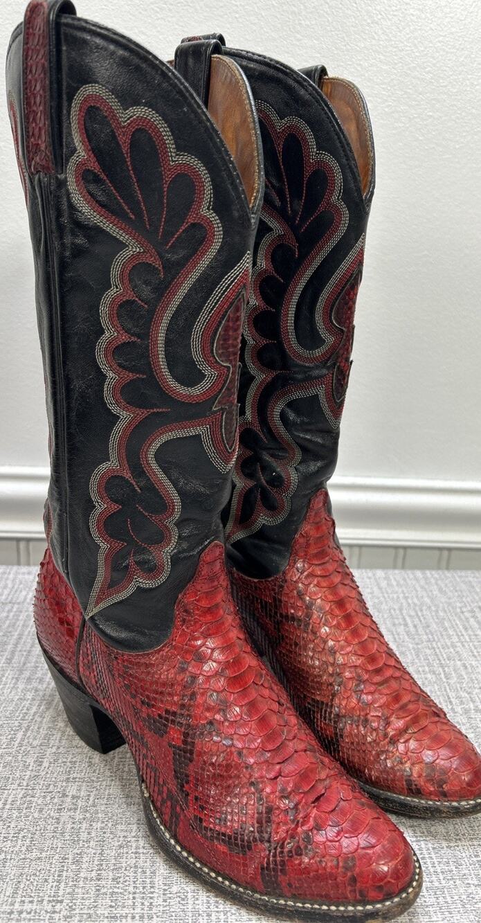 J Chisholm Red Black Cowboy Boots Snake Skin Size 7.5 M Embroidered Western USA